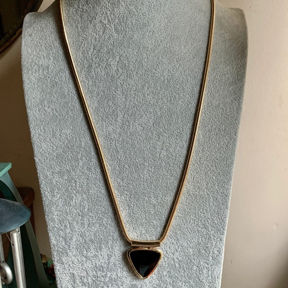 Gold Tone Snake Chain - Black Triangle Pendant Necklace. - Picture 3 of 8